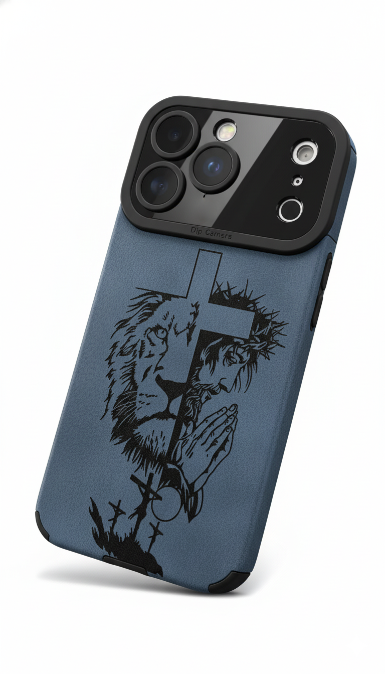 Faith & Strength Engraved iPhone Case – Lion & Prayer Cross Design