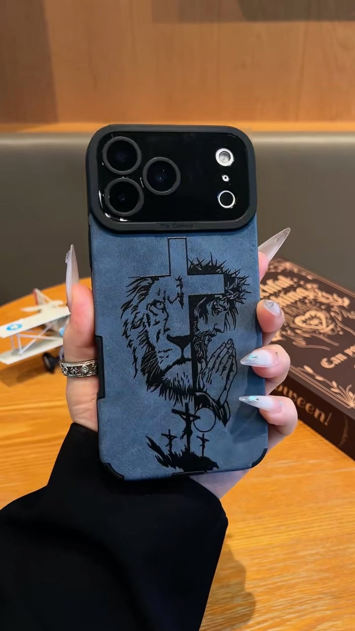 Faith & Strength Engraved iPhone Case – Lion & Prayer Cross Design