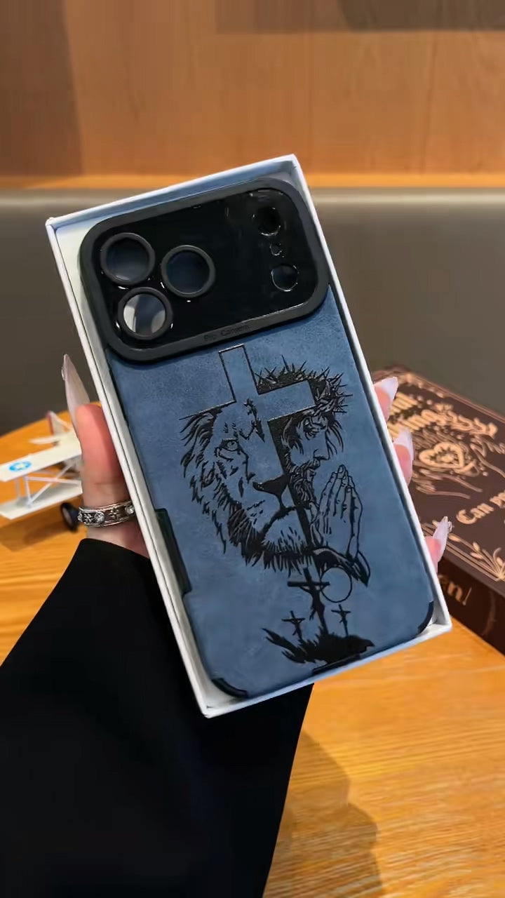 Faith & Strength Engraved iPhone Case – Lion & Prayer Cross Design
