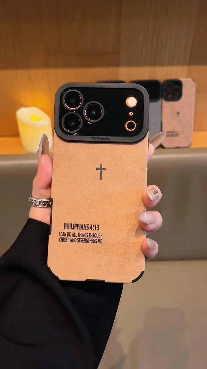 Faith & Strength Engraved iPhone Case – Lion & Prayer Cross Design